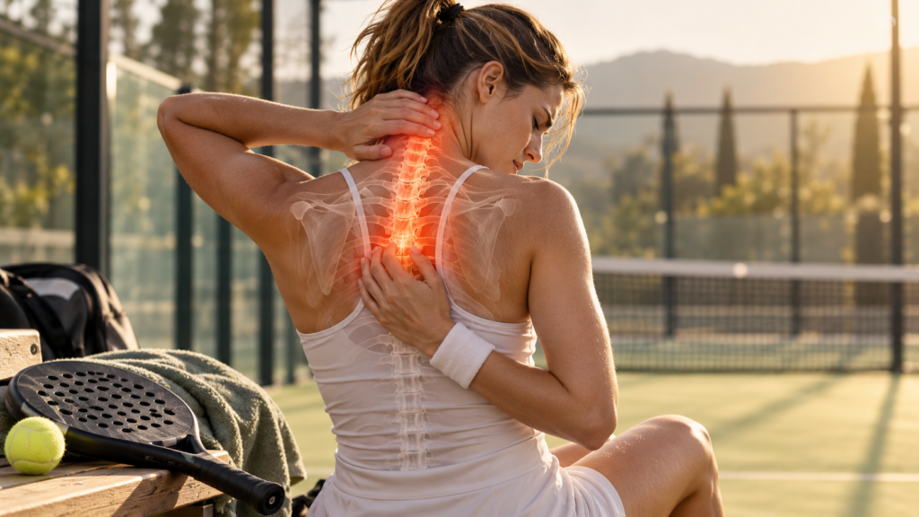 Mulher praticante de padel com dor na região cervical e entre as escápulas