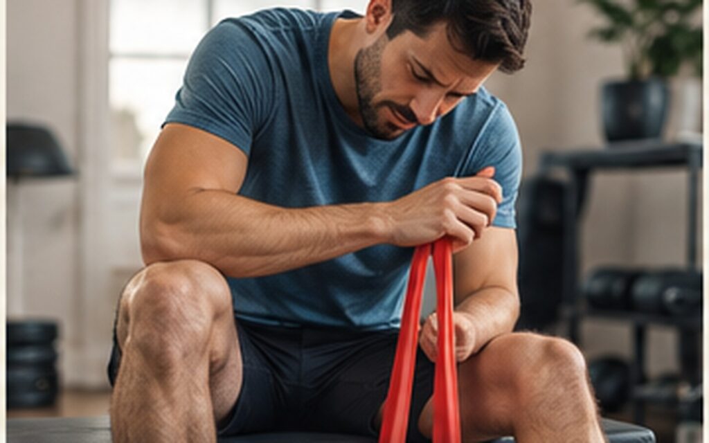 Homem realizando exercício com faixa elástica e sentindo retorno da dor