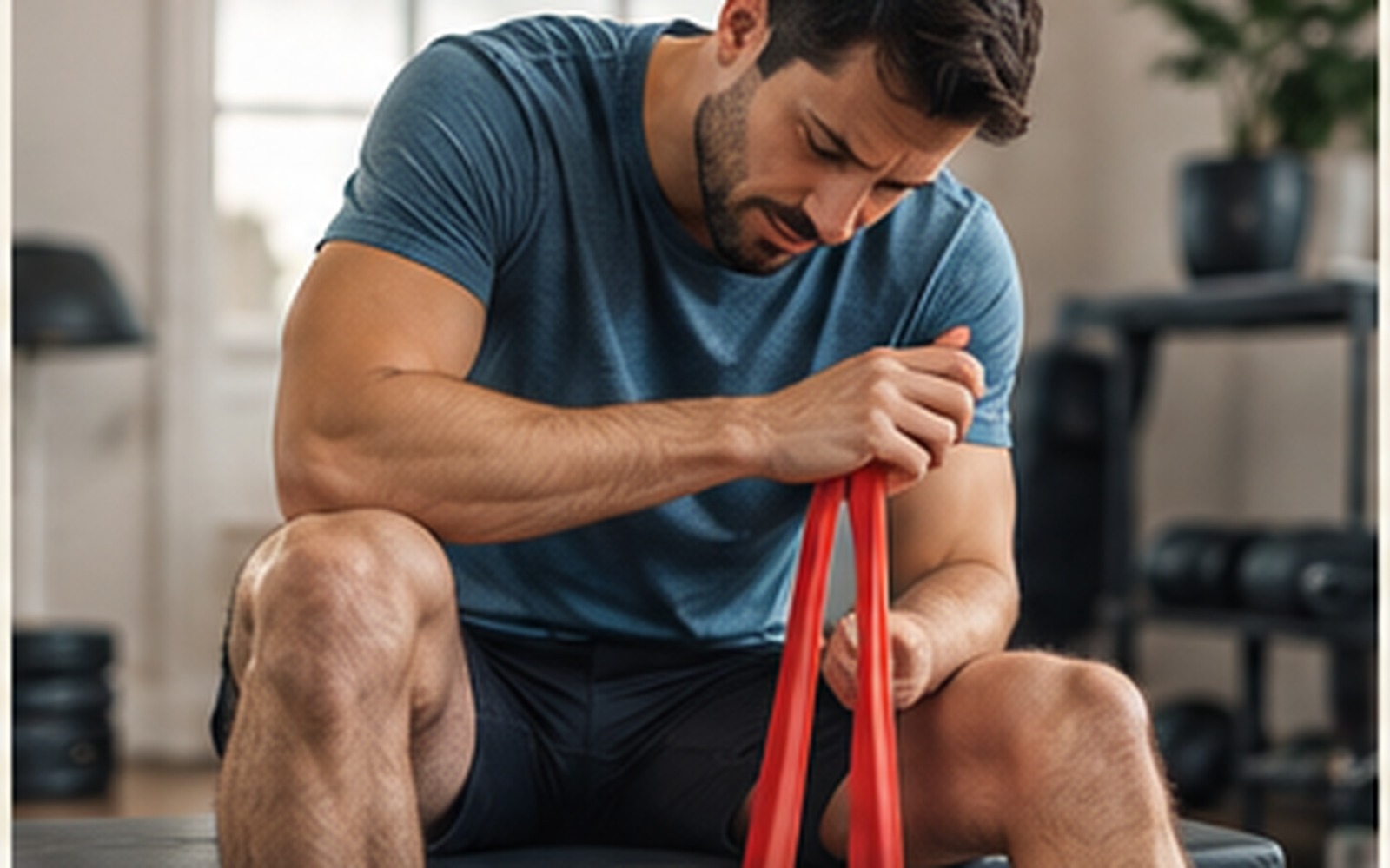 Homem realizando exercício com faixa elástica