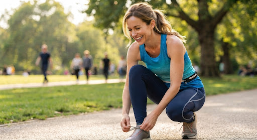 Mulher adulta ativa se preparando para retomar exercício ao ar livre